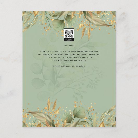 Olive Green Feuille Gold Wedding Invitation (Dos)