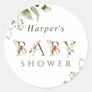 Olive Green Floral Botanical Letter Baby shower Ronde Sticker