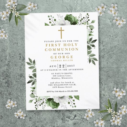 Olive Green Floral First Holy Communion Invitation