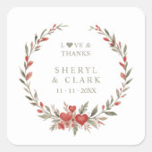 Olive Green Floral Hearts Romantic Wedding Wreath Vierkante Sticker (Voorkant)