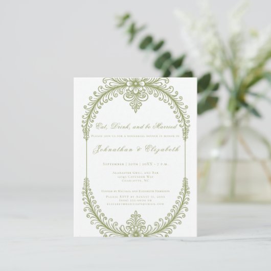 Olive Green French Flourish Frame Rehearsal Dinner Kaart (Staand voorkant)