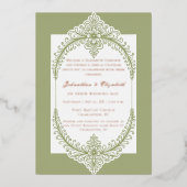 Olive Green French Flourish Frame Wedding Folie Uitnodiging (Voorkant)
