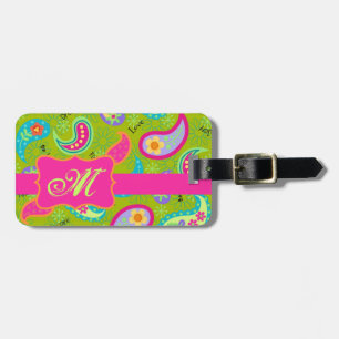 Olive Green Fuchsia Pink Modern Paisley Monogram Bagagelabel