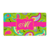 Olive Green Fuchsia Pink Modern Paisley Monogram Etiket (Voorkant)