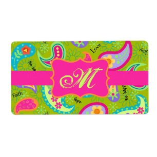 Olive Green Fuchsia Pink Modern Paisley Monogram Etiket