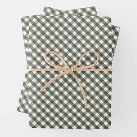 Olive Green Gingham Patterned Inpakpapier Vel (In situ)