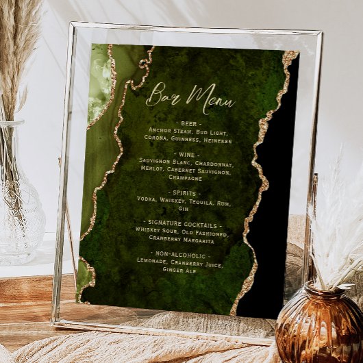Olive Green Gold Agate Script Wedding Bar Menu Poster
