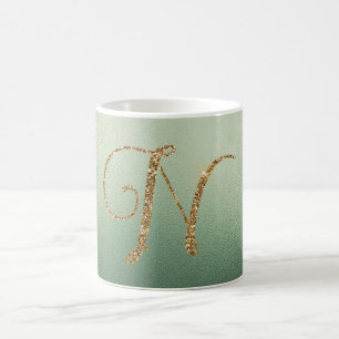 Olive Green Gold Glitter Letter N Koffiemok