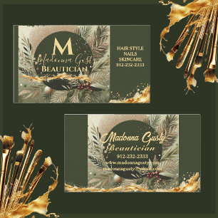 Olive Green Gold Monogram Beauticien Professioneel Visitekaartje