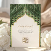 Olive Green Gold Quatrefoil QR Code Sikh Wedding Kaart