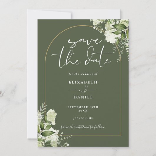 Olive Green Greenery Floral Gold Arch Wedding Save The Date (Voorkant)