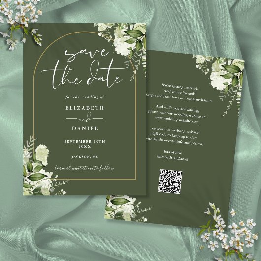 Olive Green Greenery Gold Arch QR Code Huwelijk Save The Date