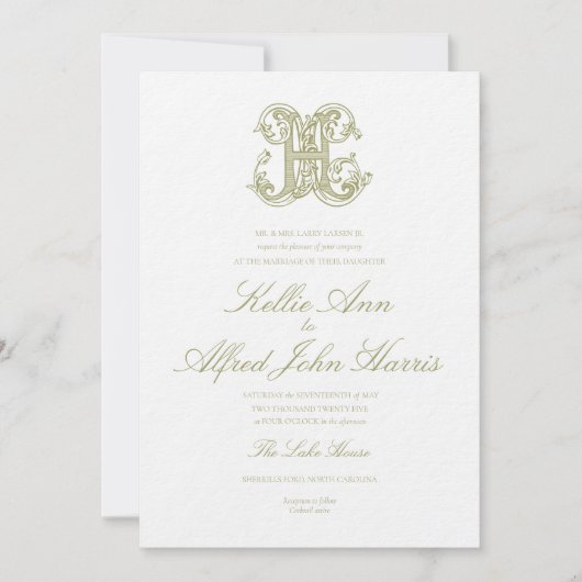 Olive Green "H" Monogram Wedding Invitation (Devant)