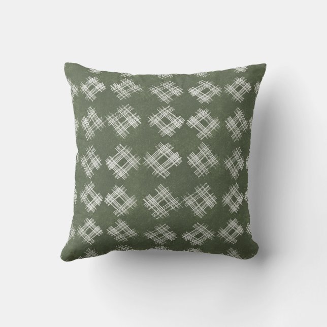 Olive Green Hand-Drawn Rustic Checkered Pattern Kussen (Achterkant)