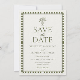 Olive Green Harlequin Checkered Save the Date Kaart
