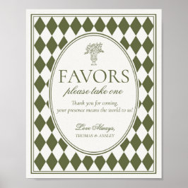 Olive Green Harlequin Checkered Wedding Favor Sign Poster