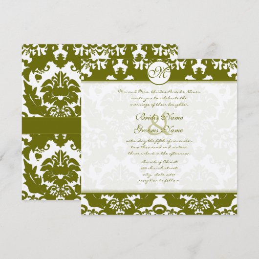 Olive Green Heart Damask Wedding Invitation Kaart (Voorkant / Achterkant)