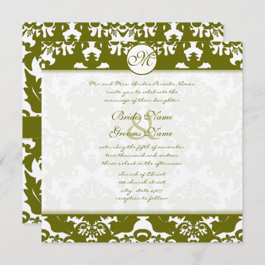 Olive Green Heart Mariage damassé Invitation (Devant / Derrière)