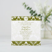 Olive Green Heart Mariage damassé Invitation (Debout devant)