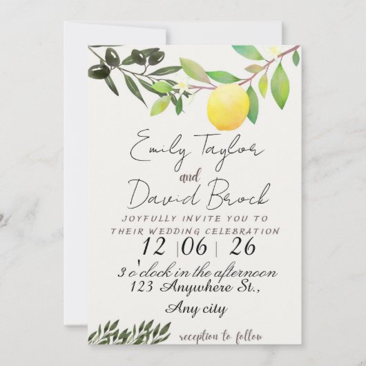 olive green leaf branch and Lemon wedding Kaart (Voorkant)