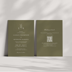 Olive Green Leaf Monogram QR Code Wedding Kaart