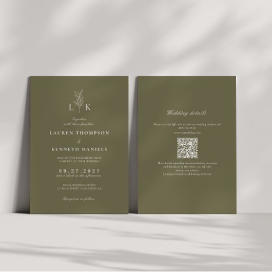 Olive Green Leaf Monogram QR Code Wedding Kaart