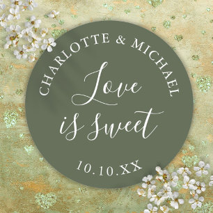 Olive Green Love Is Sweet Trouw Favor Ronde Sticker