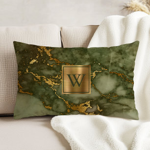 Olive Green Marble Faux Gold Foil Monogram Accent Kussen