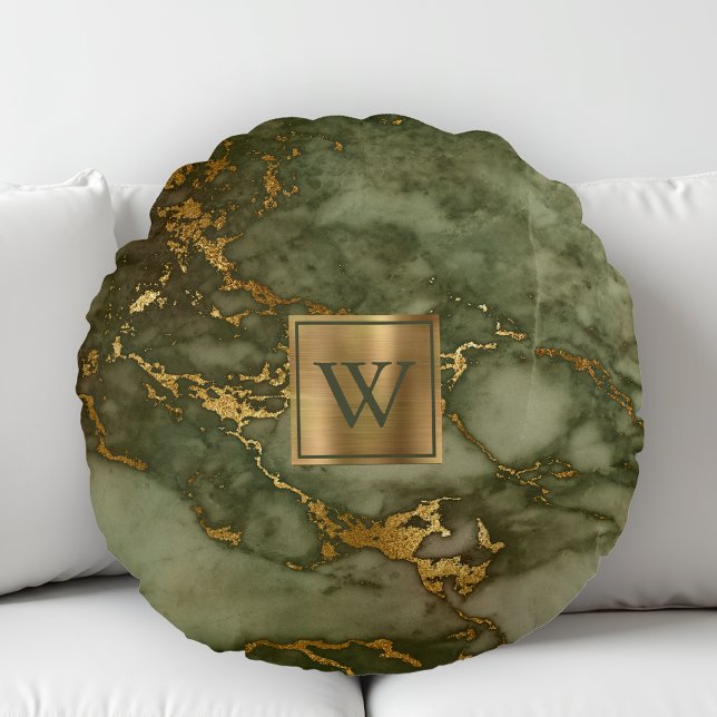 Olive Green Marble Faux Gold Foil Monogram Rond Kussen (Creator heeft geüpload)