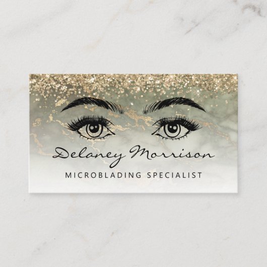 Olive Green Marble Gold Glitter Eyes Microblading Visitekaartje (Voorkant)