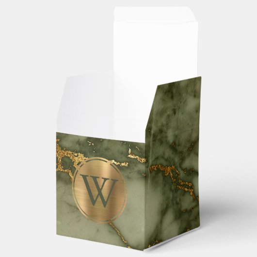 Olive Green Marble Gold Monogram Bedankdoosjes (Geopend)