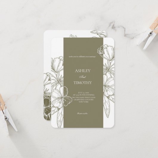 Olive Green Minimalist Floral Wedding Invitation (Devant/Arrière en situation)