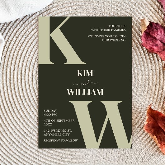 Olive Green Modern Monogram Trouwen Kaart