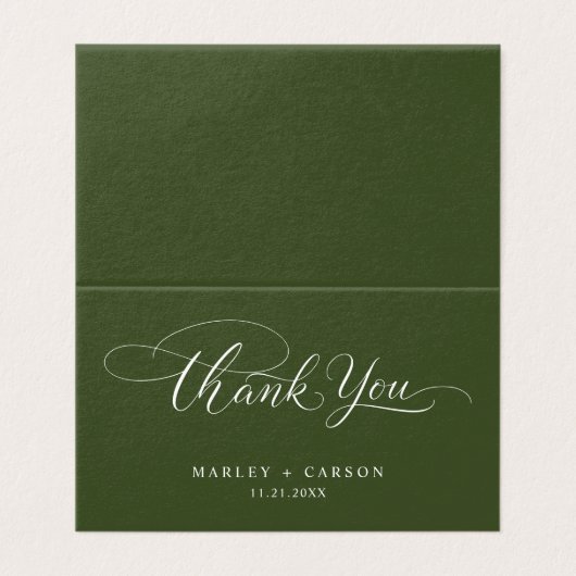 Olive Green Modern Script Wedding Folded Thank You (Outside Unfolded)