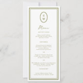 Olive Green Monogram Long Wedding Menu Card Kaart (Voorkant)