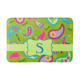 Olive Green Monogram Modern Paisley Pattern Badmat
