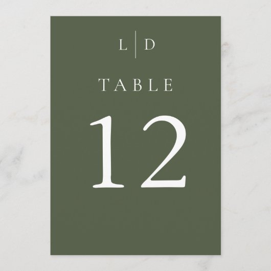 Olive Green Monogram Trouwtafel Nummers Kaart (Voorkant)