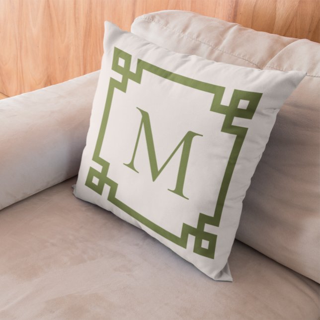 Olive Green Monogramed Greek Key Border Kussen (Create your own monogrammed Greek Key border square throw pillow.)