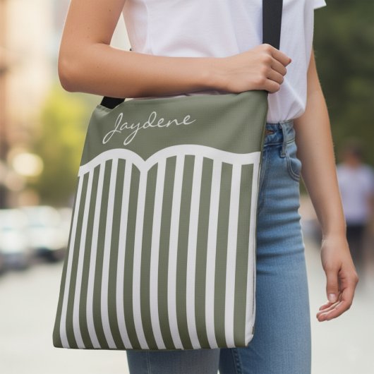 Olive Green Pinstriped Monogram Crossbody Tas