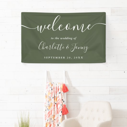 Olive Green Script bruiloft welkom Spandoek (Insitu)