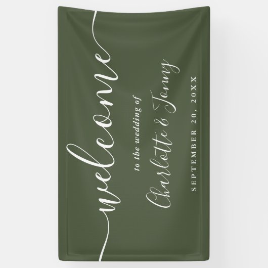 Olive Green Script bruiloft welkom Spandoek (Verticaal)