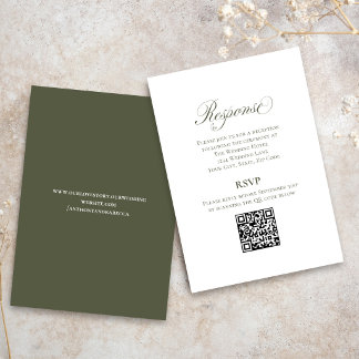 Olive Green Script Wedding RSVP QR Code Card Informatiekaartje