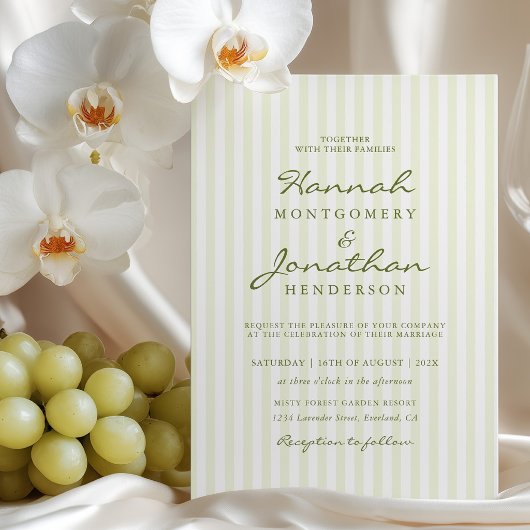 Olive Green Stripe Wedding Invitation Kaart