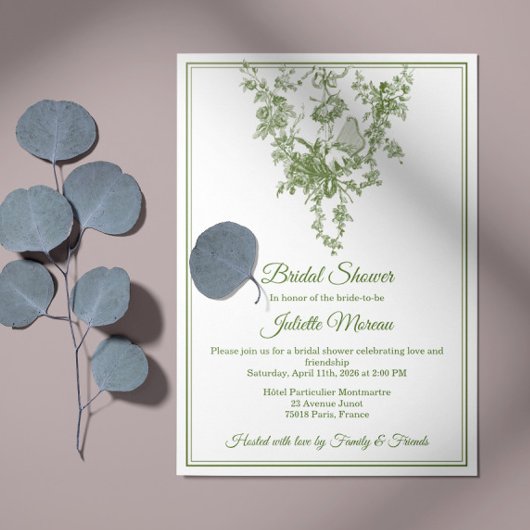Olive Green Toile de Jouy Bridal Shower Invitation