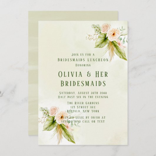 Olive Green Tropical Florals Bridesmaids Luncheon Kaart (Voorkant / Achterkant)