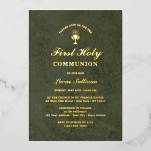 Olive Green Velvet Marble Eerste Communie Folie Uitnodiging