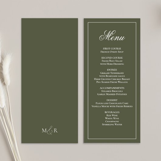 Olive Green Wedding Script Dinner Menu