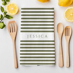 Olive Green & White Farmhouse Striped Pattern Theedoek