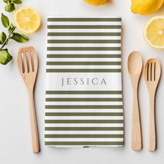 Olive Green & White Farmhouse Striped Pattern Theedoek