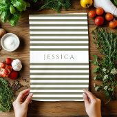 Olive Green & White Farmhouse Striped Pattern Theedoek